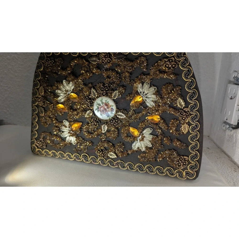 Vintage 1950s Black Beaded Evening‎ Bag Amber Floral Cabochon Frame Purse